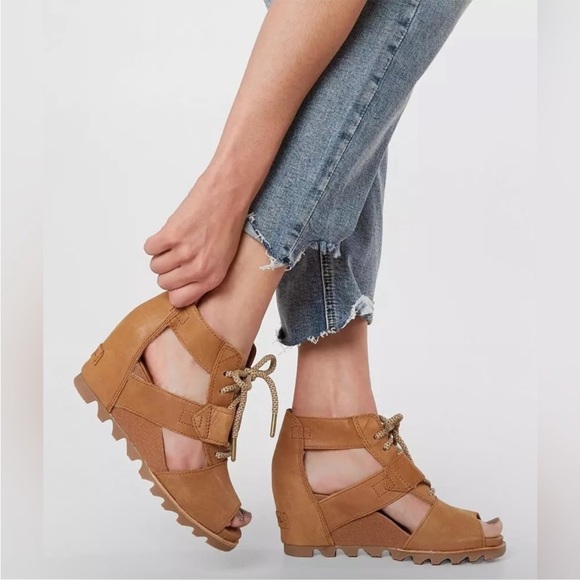 Sorel Joanie Lace Up Leather Wedge Heel Sandals - Picture 1 of 13